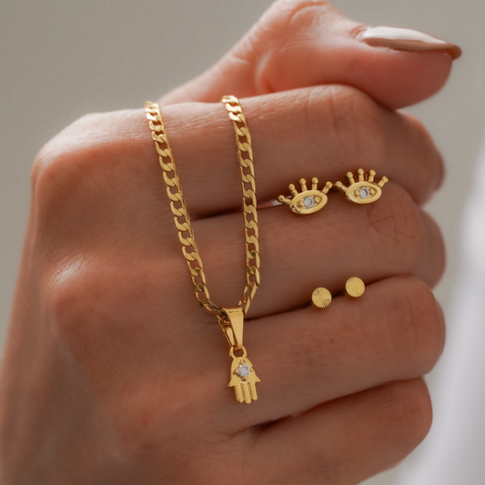 Juego cadena, dije y topitos Mano Hamsa - J44577