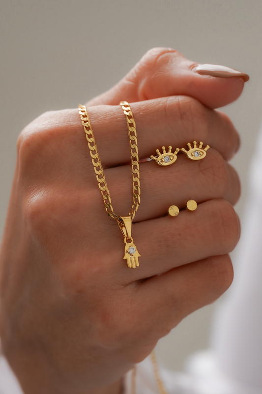 Juego cadena, dije y topitos Mano Hamsa - J44577